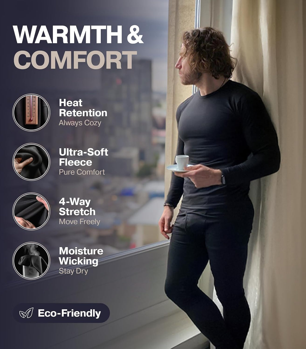 Thermal Underwear for Men – Fleece Lined Long Johns Base Layer Set for Cold Weather, Ski & Winter Sports